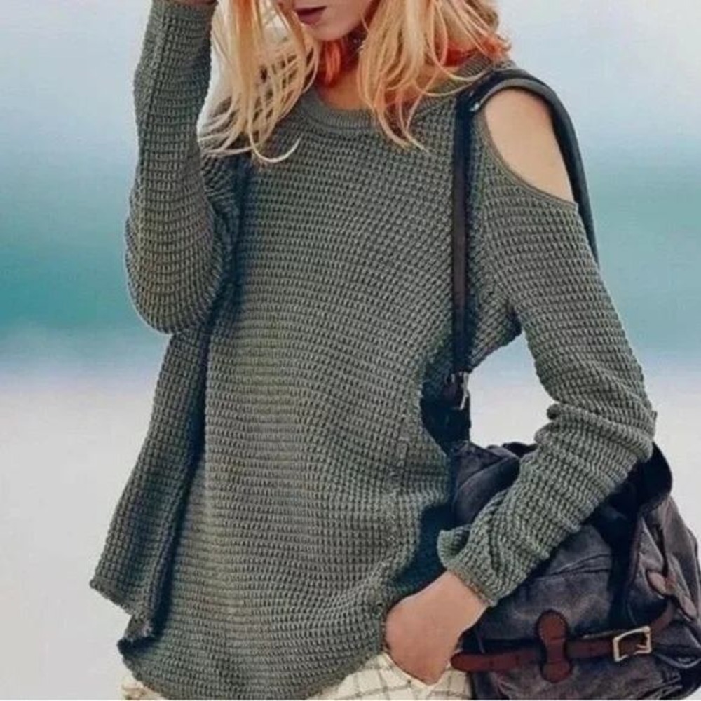 Free‎ People Moonshine Cold Shoulder Sweater XS Green Distressed Waffle Knit